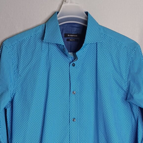 Bugatchi Shaped Fit Shirt Mens Medium Teal Blue Long Sleeve Button Down Luxury - Picture 3 of 8